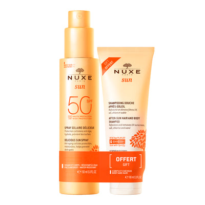 Delizioso Spray solare ad alta protezione SPF50 per viso e corpo e Shampoo doccia doposole gratuito 100ml